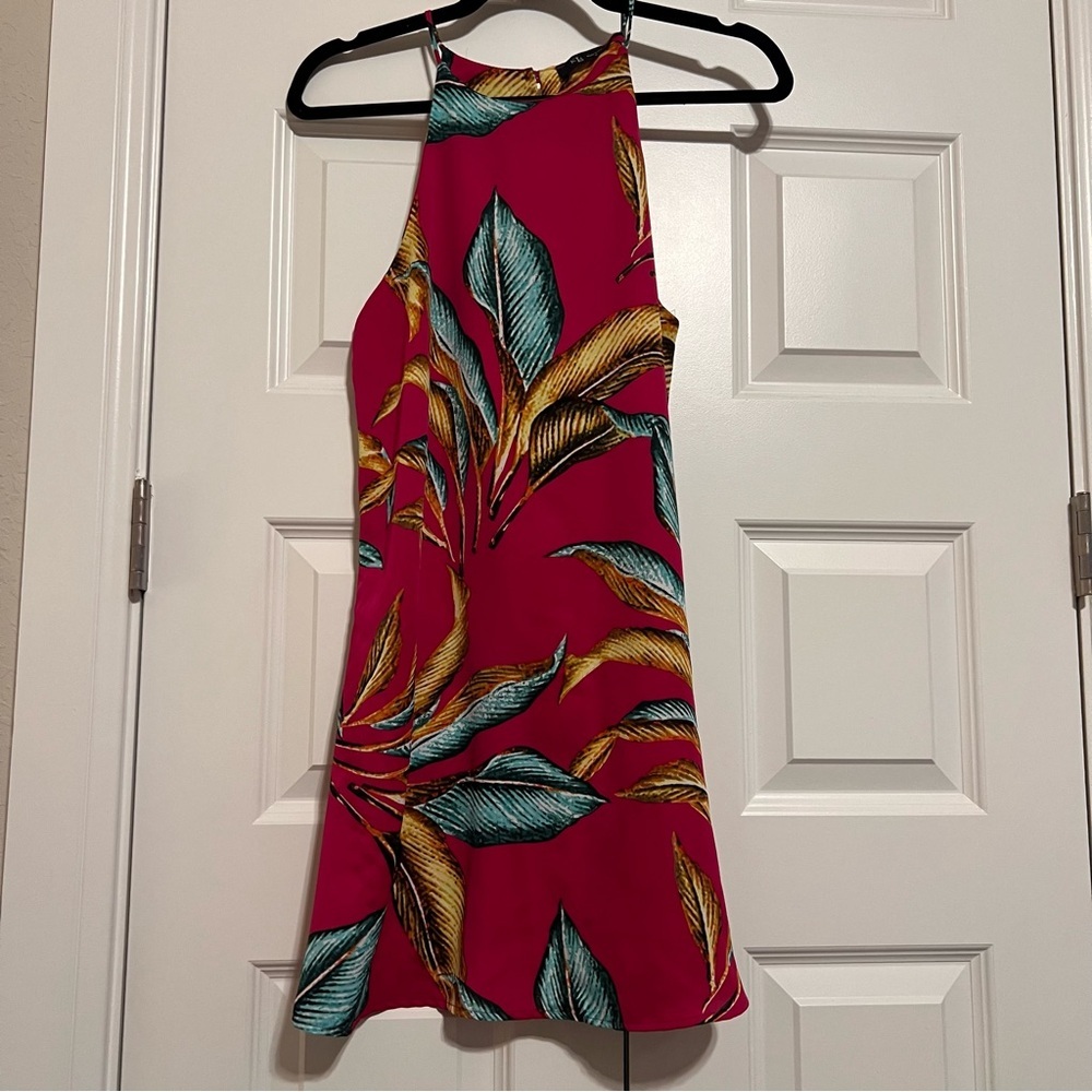 Vibrant Leaf Print Halter Mini Dress